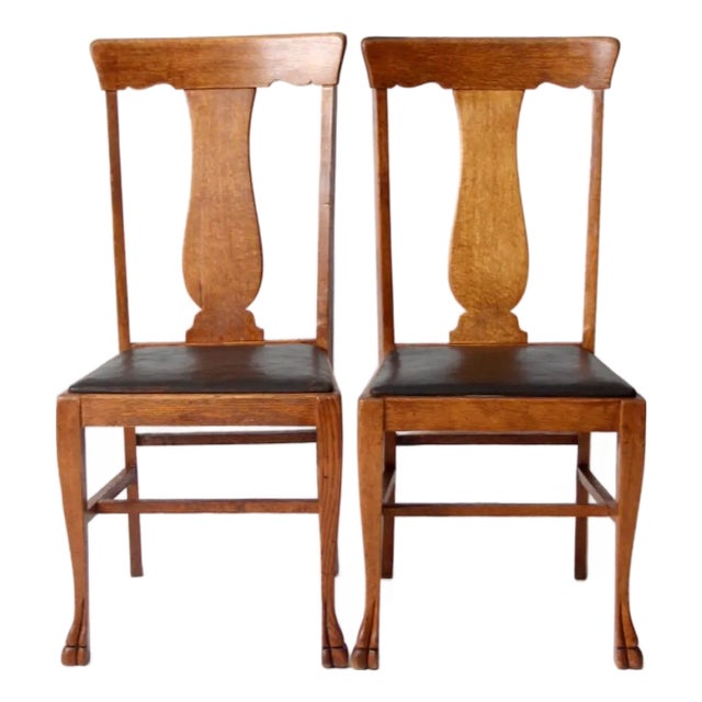 Antique Oak Splat Back Side Chairs Pair For Sale