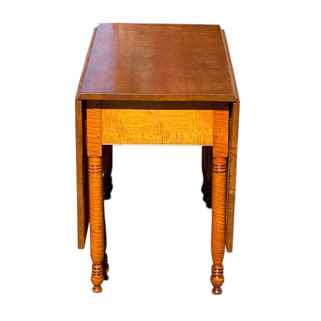 Wood Antique Federal Tiger Maple Dropleaf Dining Table With Full Drawer Exceptional For Sale - Image 7 of 12
