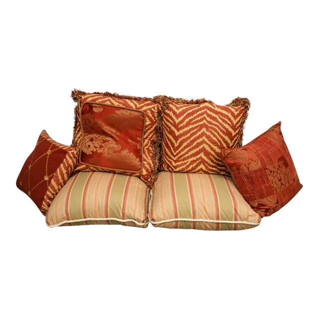 Collection of 6 Throw Pillows Some Down Filled in a Variety of Red and Taupe Fabrics For Sale