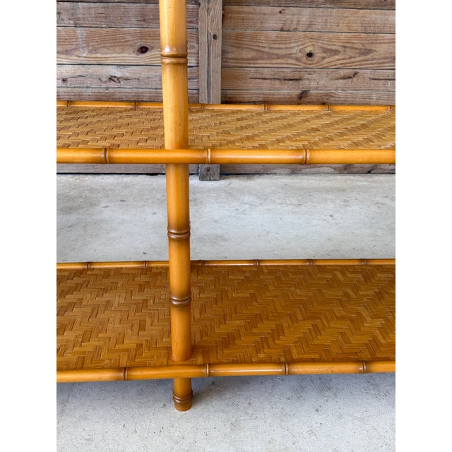 Brown Vintage Boho Faux Bamboo Style Tiered Shelf With Rattan Parquetry Weave For Sale - Image 8 of 12