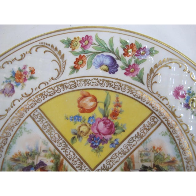 Early 20th Century Dresden Carl Schumann Bavaria Yellow Figure & Floral 11" Dinner Plate Set of 2 For Sale - Image 5 of 8