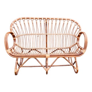 Vintage Italian Rattan Loveseat or Settee in the Style of Franco Albini For Sale