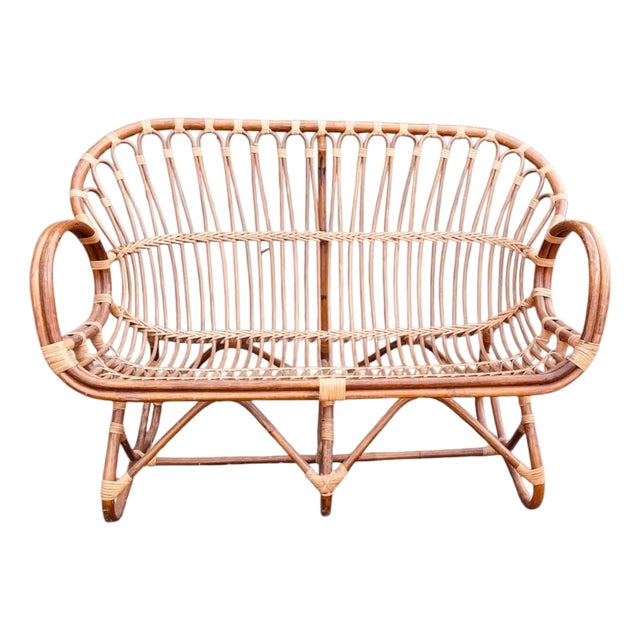 Vintage Italian Rattan Loveseat or Settee in the Style of Franco Albini For Sale