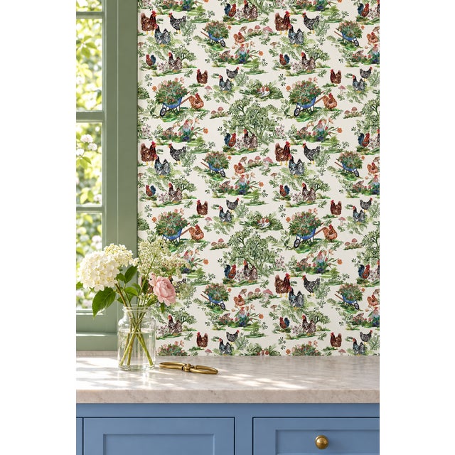 Farmhouse Cluckingham Farm Toile Grasscloth Wallpaper by House Party | Egg White | 6 Yards For Sale - Image 3 of 10