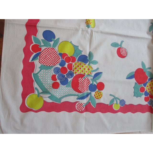 American Vintage 1950's Fruit in a Basket Design Red, Blue & Yellow Cotton Tablecloth For Sale - Image 3 of 5