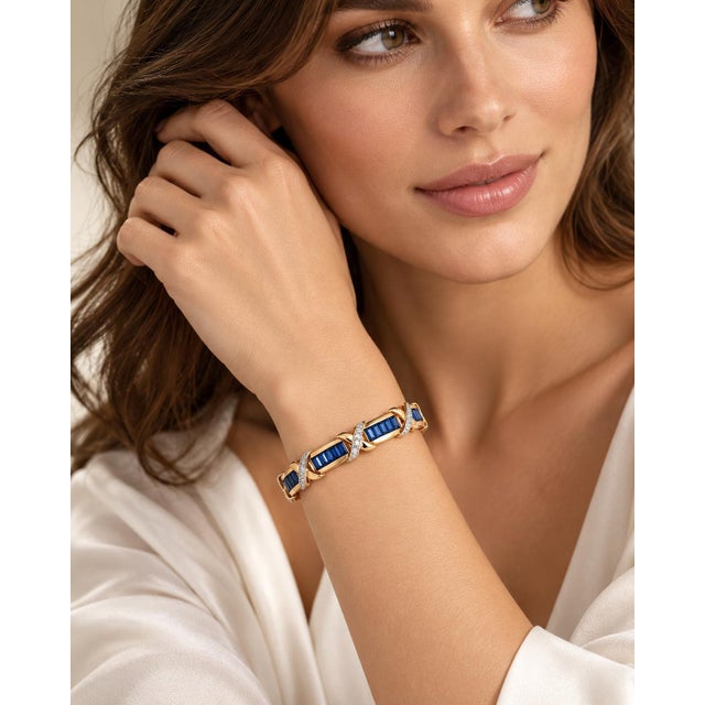 Mid 20th Century 14k Yellow Gold Blue Sapphire & Diamond X-Link Tennis Bracelet For Sale In New York - Image 6 of 6