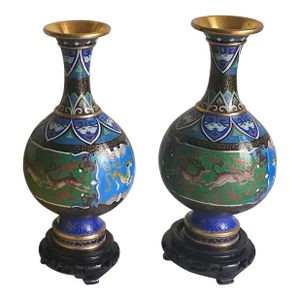 1950s Pair of Chinese Hand Made Cloisonné Enamel Vases on Carved Hardwood Stands