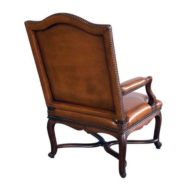 French Pair Large French Regence Style Beechwood Leather Arm Chairs/Fauteuils For Sale - Image 3 of 10
