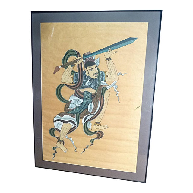 1940s Samurai Warrior Signed Original Scroll Painting, Framed 29"x20" For Sale
