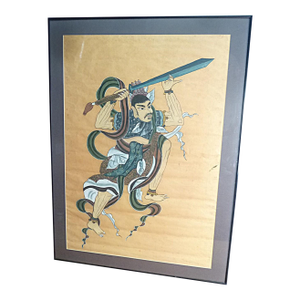 1940s Samurai Warrior Signed Original Scroll Painting, Framed 29"x20"