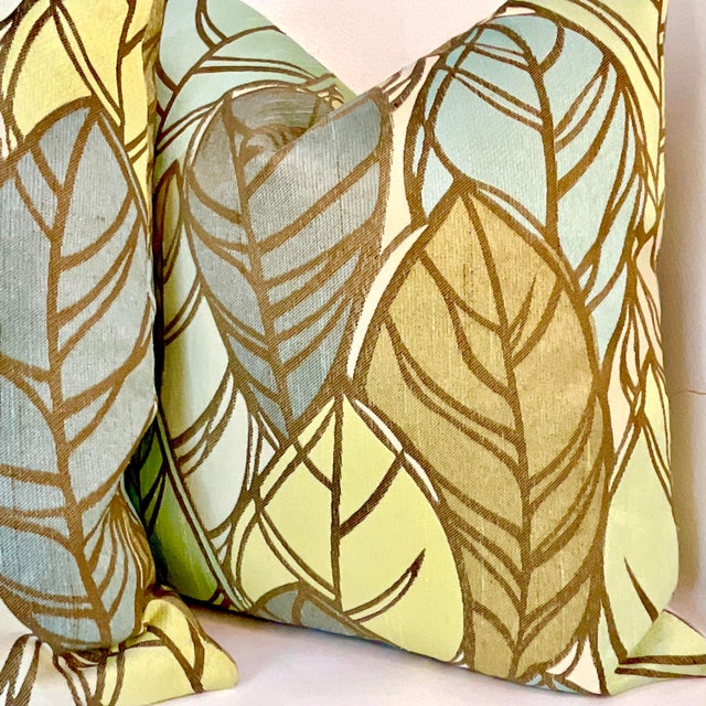 Vintage Coastal Chic Silk-Rayon Tobacco Leaf Feather Down Filled Pillows - A Pair For Sale - Image 6 of 6