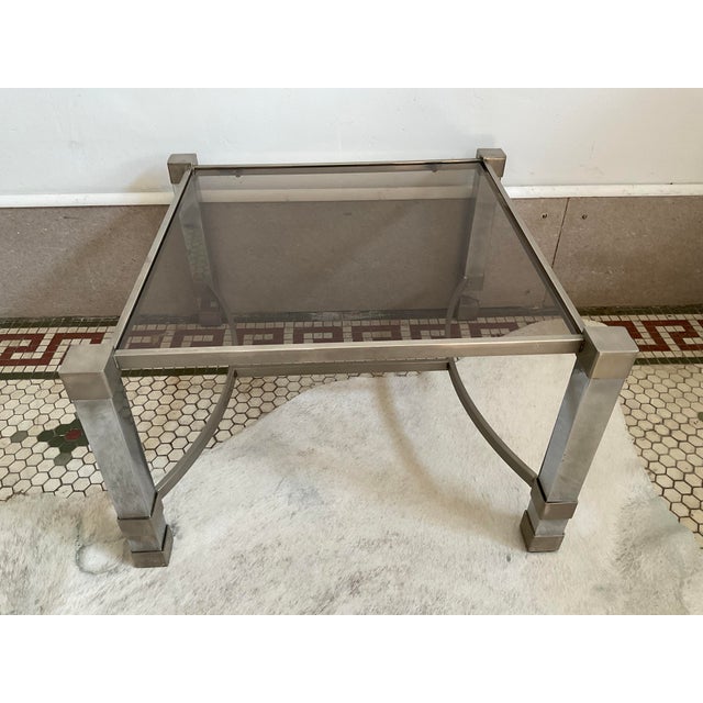 Silver Pair of Metal Deco Tables With Smoked Glass Tops, 1960's, French For Sale - Image 8 of 17