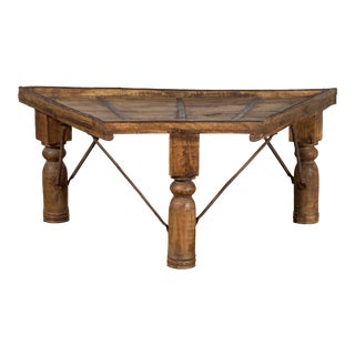 19th Century Antique Rustic Indian Wood & Metal Trapezoidal Coffee Table For Sale