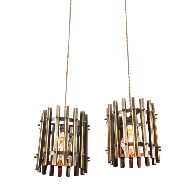 Vintage Italian Brass Cage Pendant Lamps, 1970s, Set of 2 For Sale