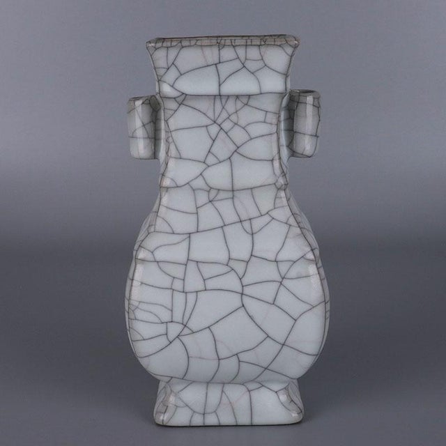 Early 20th Century Chinese Ceramic Vase Guan Ware Crackle Glaze Celadon Double Ears Vase For Sale - Image 5 of 11