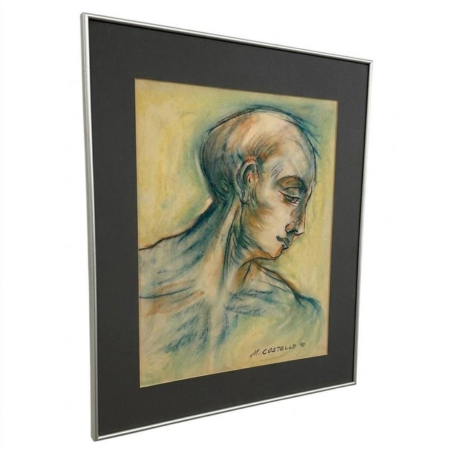 1990s Vintage Mid Century Modern '90 Pastel Portrait Drawing Signed M. Costello, Framed Original Artwork.. For Sale - Image 5 of 7