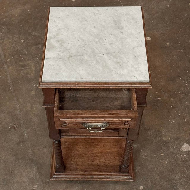 Pair of Gothic Revival Oak Nightstands With Carrara Marble Tops For Sale - Image 10 of 17