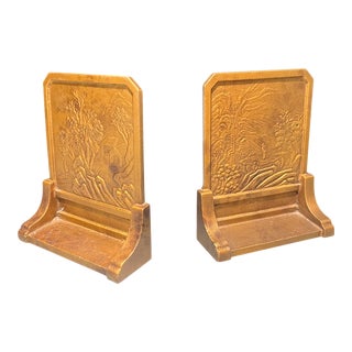 1960s Asian Japanese Chinoiserie Scene Cast Iron Bookends With Brass Gold Finish - a Pair For Sale