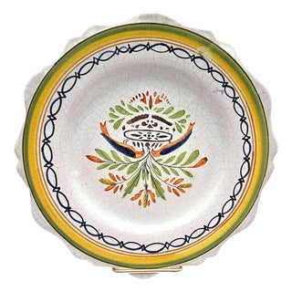19th-Century French Provincial Faience Hand-Painted Scalloped Plate, Folk Bouquet For Sale