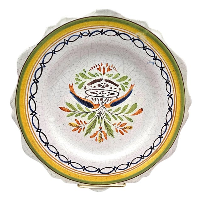 19th-Century French Provincial Faience Hand-Painted Scalloped Plate, Folk Bouquet For Sale