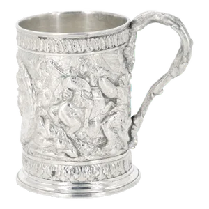 19th Century English Silverplate Barware Mug Depicting Knights in Battle