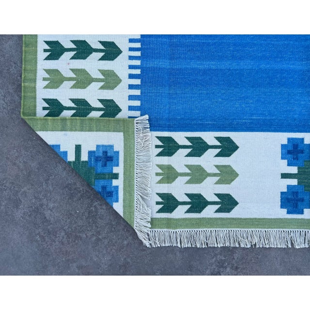 Casa Cosima Not Yet Made - Made To Order Handmade Cotton Natural Vegetable Dyed Reversible Indigo Blue Cream and Green Leaf Pattern Rug Dhurrie - 12'x15' For Sale - Image 4 of 11