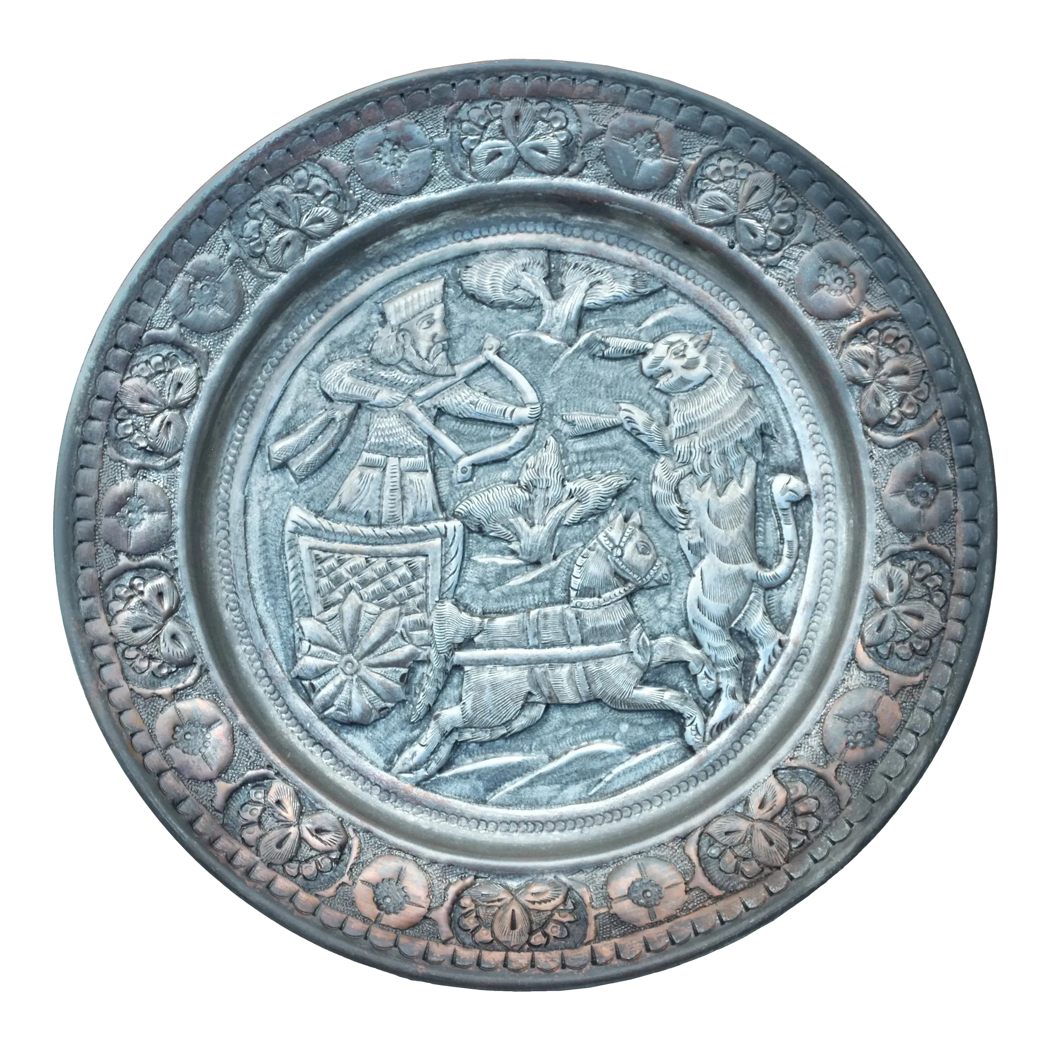 Early 20th Century Handmade Copper Wall Plate With Persian Hunting