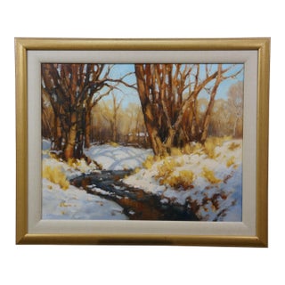 Late 20th Century David Ballew Sunlit Stream New Mexico Winter Plein-Air Oil Painting on Masonite Board For Sale