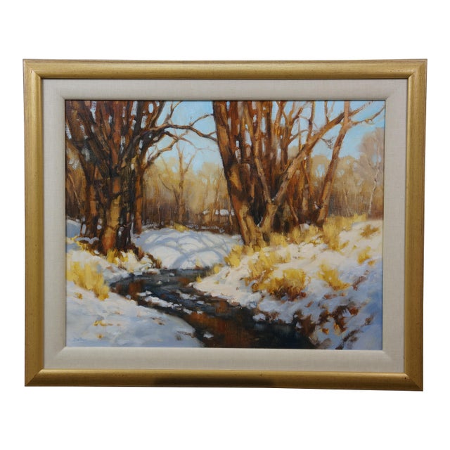 Late 20th Century David Ballew Sunlit Stream New Mexico Winter Plein-Air Oil Painting on Masonite Board For Sale