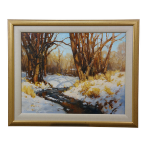Late 20th Century David Ballew Sunlit Stream New Mexico Winter Plein-Air Oil Painting on Masonite Board