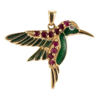 Vintage 14k Yellow Gold Diamond Ruby Green Enamel Hummingbird Drop Pendant For Sale