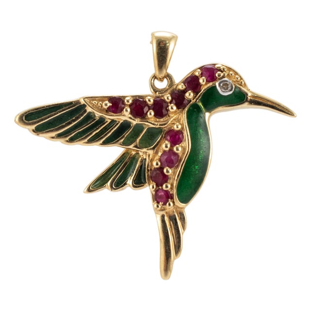 Vintage 14k Yellow Gold Diamond Ruby Green Enamel Hummingbird Drop Pendant For Sale