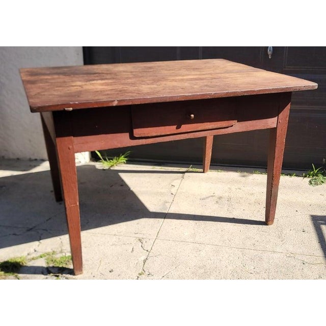 Rustic 19thc Original Red Painted Farm Table W/ Scrub Top For Sale - Image 3 of 8