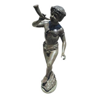 Italian Artist, Large Patinated Sculpture of a Boy Blowing a Horn, Early 20th Century, Bronze For Sale