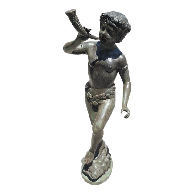 Italian Artist, Large Patinated Sculpture of a Boy Blowing a Horn, Early 20th Century, Bronze For Sale