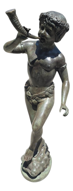 Italian Artist, Large Patinated Sculpture of a Boy Blowing a Horn, Early 20th Century, Bronze