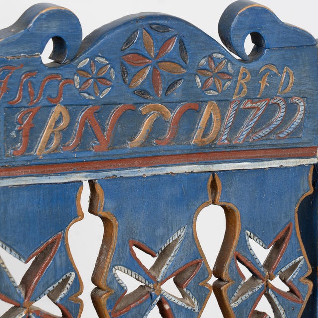 Early 18th Century Original Blue Painted and Carved Swedish Chair, Dated 1722 For Sale - Image 5 of 14
