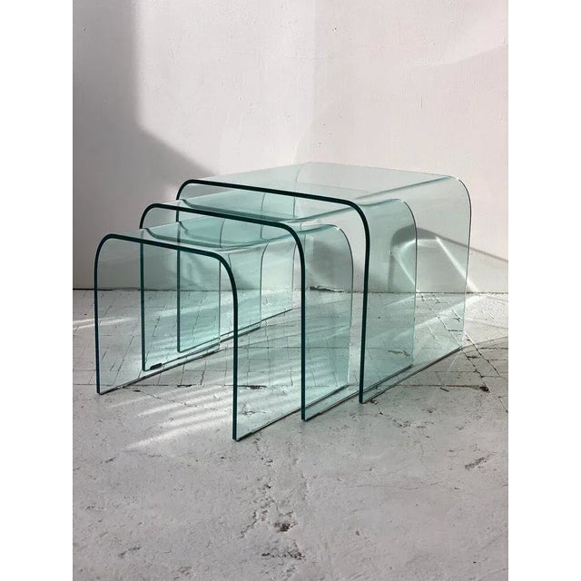 Sky Blue 1980s Angelo Cortesi for Fiam Italia Attributed Glass Waterfall Nesting Tables - Set of 3 For Sale - Image 8 of 8