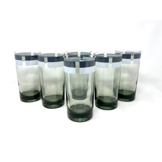 Mid 20th Century Mid Century Modern Green Tint Striped Highball Cocktail Glasses, Mod Op Art - Set of 6 For Sale - Image 4 of 9