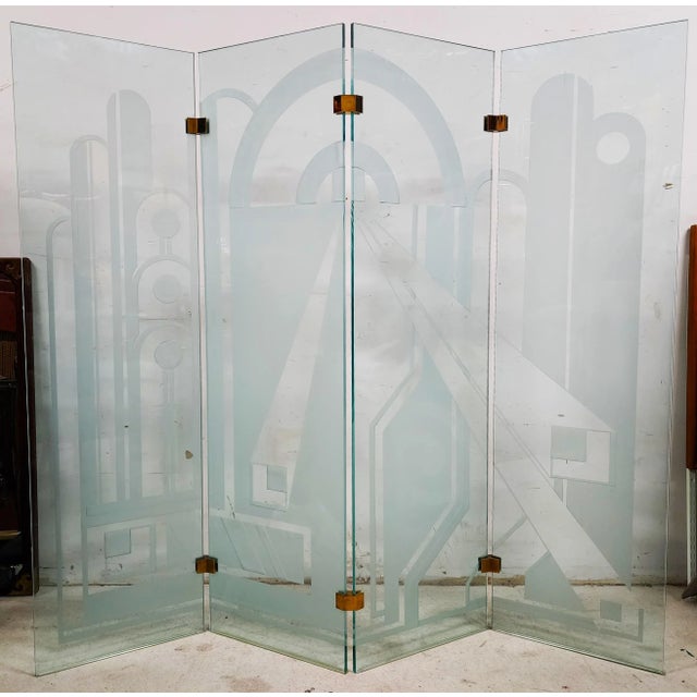 1970s Vintage Etched Glass Paravent Screen Room Divider For Sale - Image 5 of 9