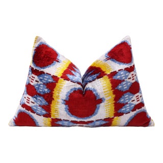 Hand-Knotted Silk Ikat Lumbar Pillow - 16x24 Red & Blue Velvet Accent For Sale