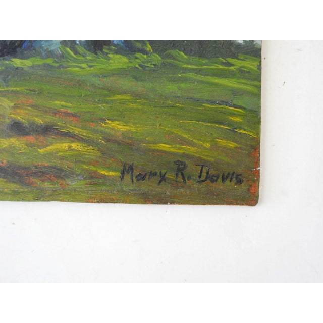 Mid 20th century oil on masonite impressionist landscape painting with lone oak tree. Signed Mary R. Davis lower right....