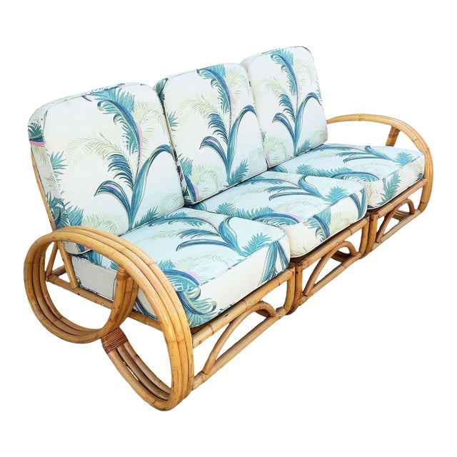 1950s Restored Mid-Century 3-Strand 3/4 Round Pretzel Arm Rattan Sectional 3-Seat Sofa For Sale