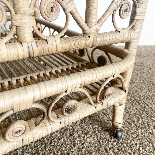 Boho Chic Woven Ribbon Rattan Two Tier Bar Cart For Sale In Miami - Image 6 of 10