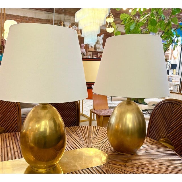 Modern 1970s Brass Table Lamps With Cream Fabric Shades - a Pair For Sale - Image 3 of 9