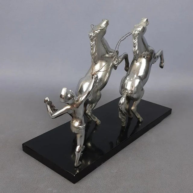 Antique Chromed Metal Sculpture of Roman Horse Trainer on Marble Base, 1930 For Sale - Image 3 of 16