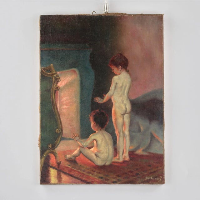 Novikov, Children by the Fireplace Painting For Sale - Image 4 of 4