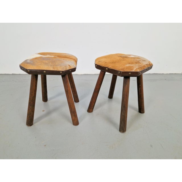 Vintage Milk Stools with Cowhide Seats, 1950s, Set of 2 For Sale - Image 3 of 9