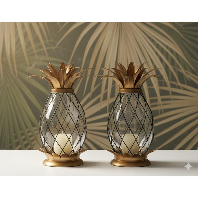 Beautiful indoor or outdoor pineapple lanterns, set of 2, energy efficient, welcoming symbol of hospitality. Brass caging...