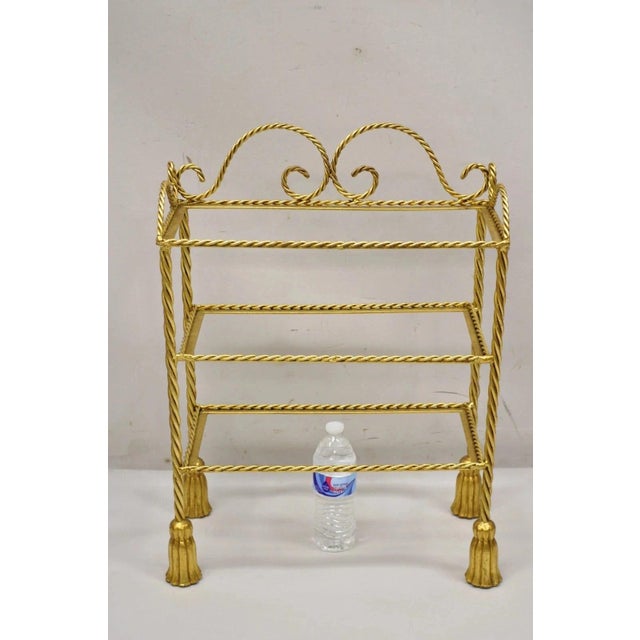 Vintage Italian Hollywood Regency Gold Gilt Iron 3 Tier Shelf Small Display Stand (A). Item features a nice small size, 3...